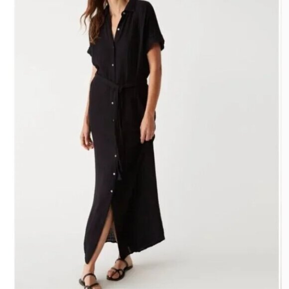Michael Stars Allen Gauze Black Maxi Button Down Shirt Dress Size Medium - Picture 1 of 13